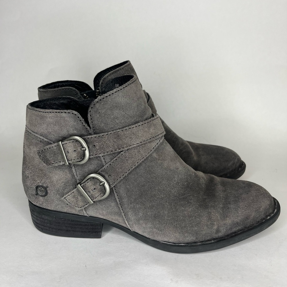 Born Ankle Boots Women Size 8M Gray Suede Zip Buckle Heels